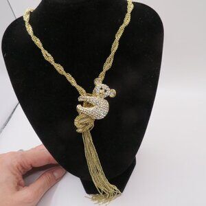 Gold Tone Tassel Rhinestone Koala Bear Necklace
